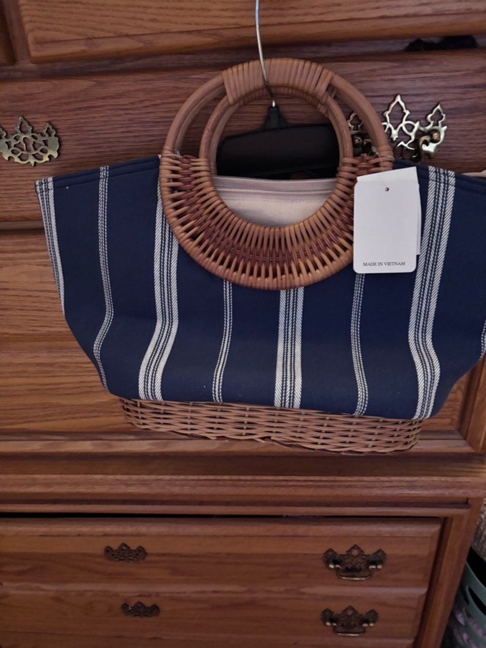 Striped Navy Wicker Tote Bag with Round Rattan Handles